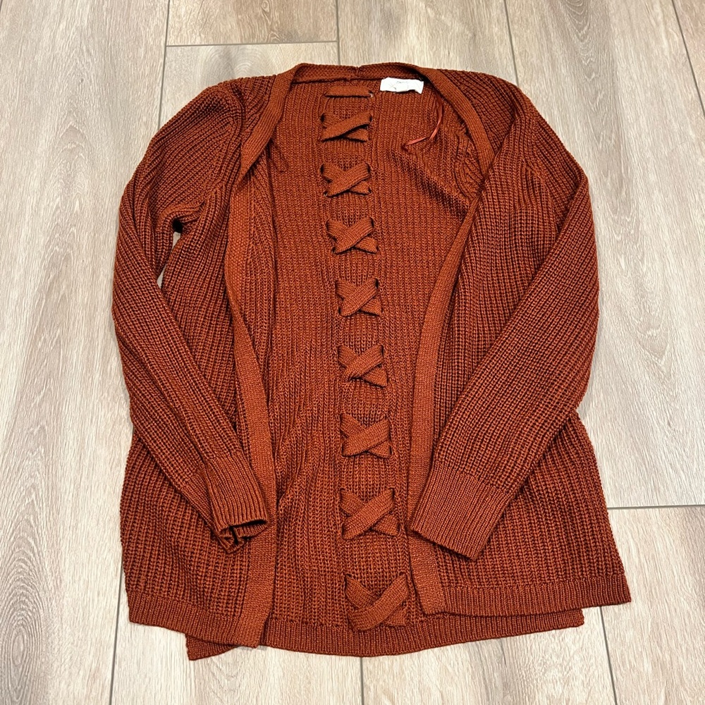 Rust Open-Front Sweater with Bow Details
